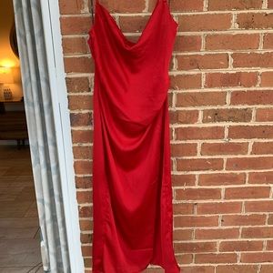Red silk cowl neck slip dress